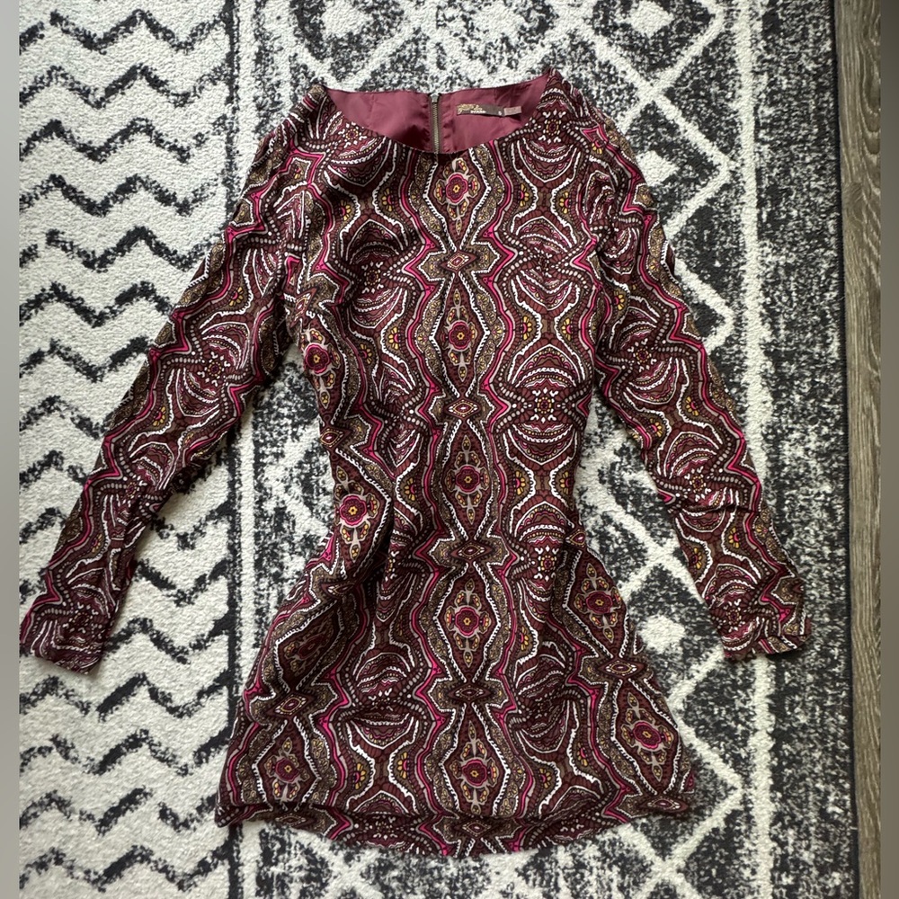 Prana Cece Long Sleeve Medallion Kaleidoscope Dress Red Pink Black - Size Small